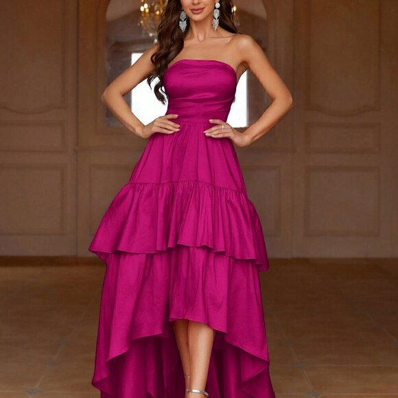Hot Pink Party Women's Pleated Strapless Sleeve Evening Dress - Picture 1 of 7